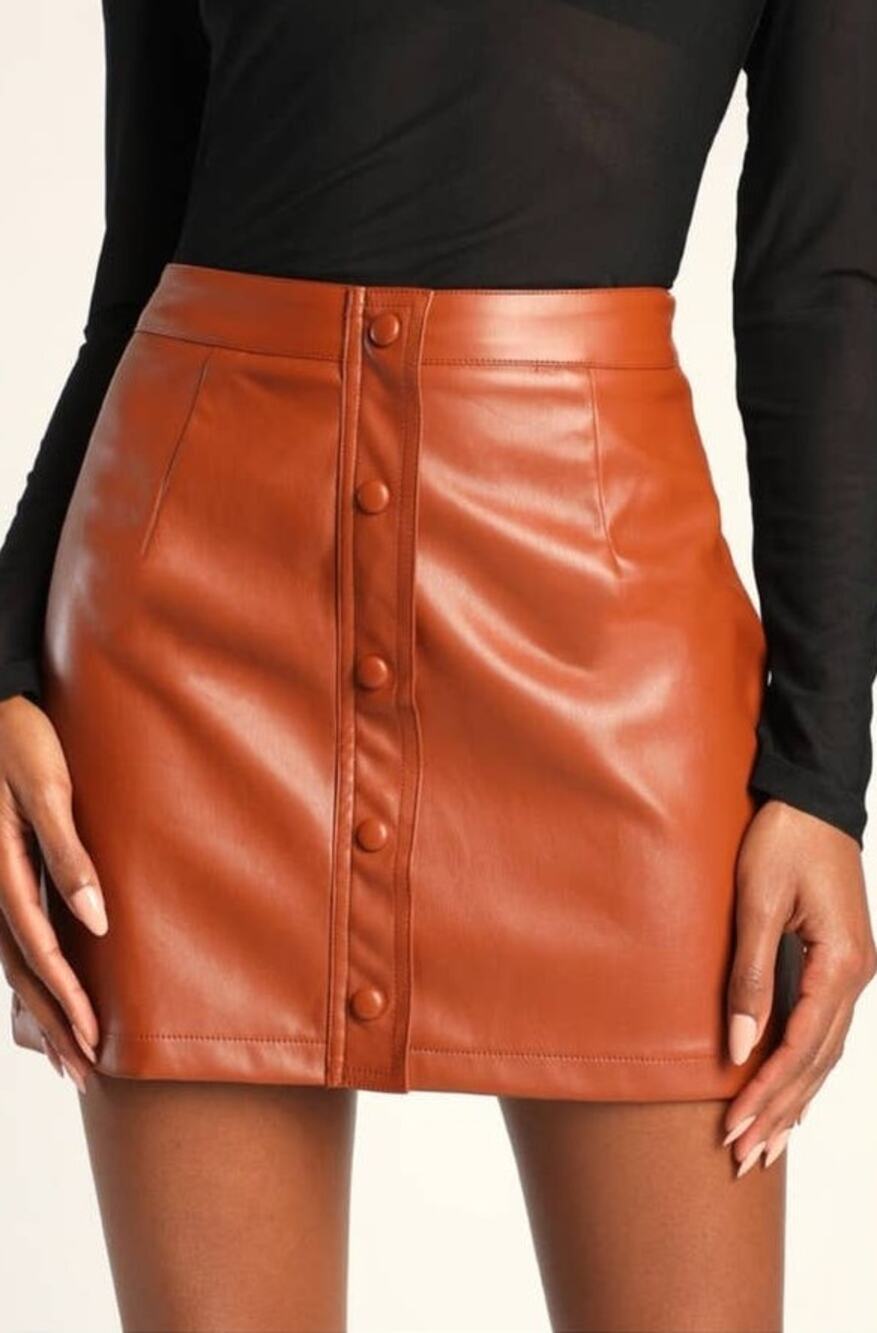 Lulu's Most Fab Brown Faux Leather Button-Front Mini Skirt - XS